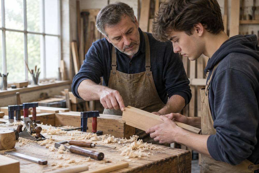 Un menuisier en tablier montre à un jeune apprenti comment ajuster une pièce de bois sur un établi couvert de copeaux
