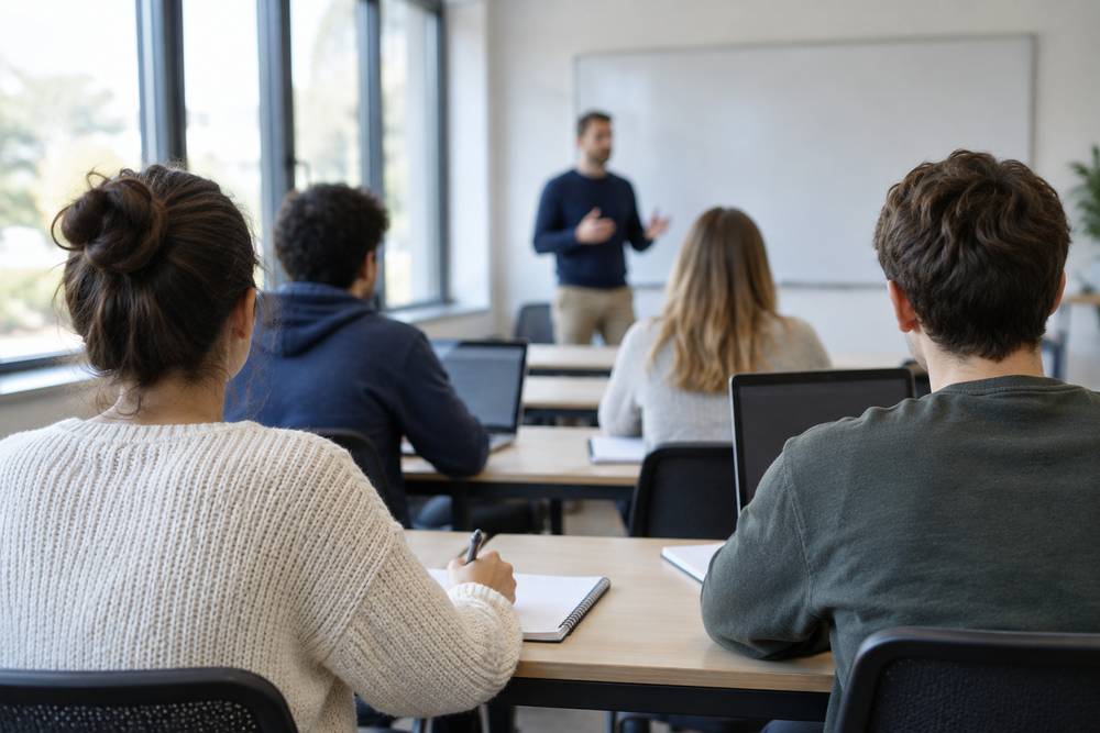 Quatre jeunes adultes vus de dos, assis dans une salle de cours avec cahiers et ordinateurs portables, face à un formateur devant un tableau blanc