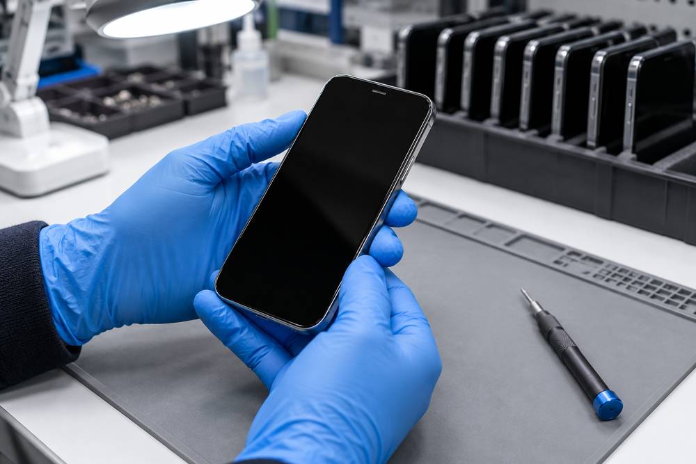 Mains gantées de bleu tenant un smartphone dans un atelier de reconditionnement, d'autres téléphones alignés dans un bac en arrière-plan