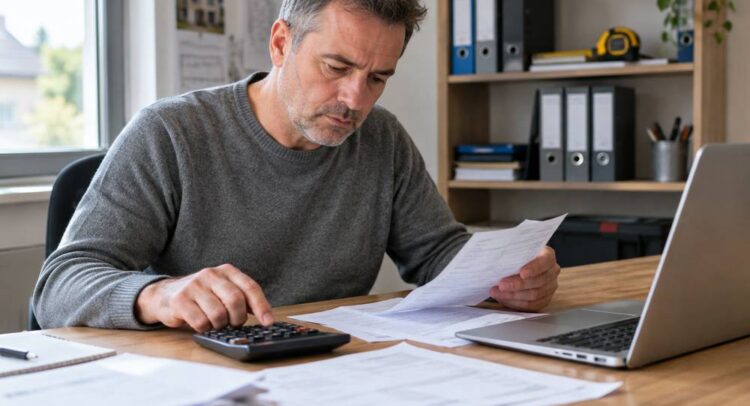 Dans le bureau de sa petite entreprise, un gérant en pull gris tient une facture et tape sur une calculatrice, à côté de son ordinateur portable et d'une pile de documents