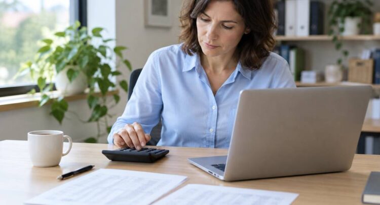 Dans un bureau lumineux, une dirigeante en chemise bleu clair fait un calcul sur une calculatrice à côté de son ordinateur portable, d'une tasse de café et de deux tableaux imprimés
