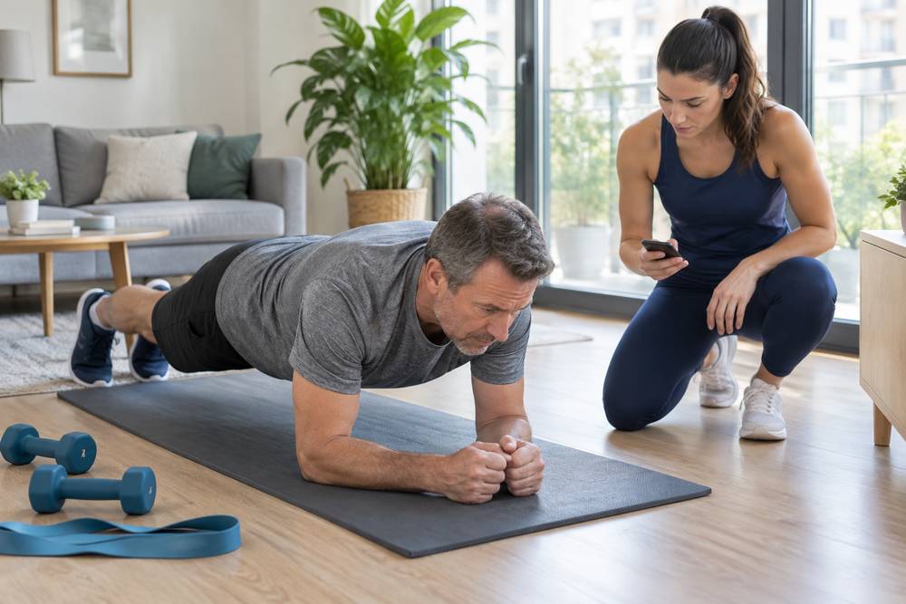 Dans le salon d'un appartement, un homme d'une cinquantaine d'années tient la planche sur un tapis pendant que sa coach, à genoux, chronomètre l'exercice sur son téléphone