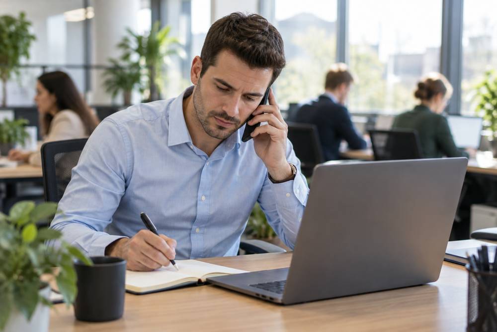 Dans un open space, un commercial au téléphone prend des notes dans un carnet devant son ordinateur portable