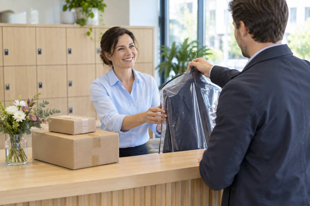 Une concierge en chemise bleue, derrière un comptoir en bois clair, reçoit la housse de vêtements que lui tend un salarié en costume, à côté de deux colis et d'un vase de fleurs