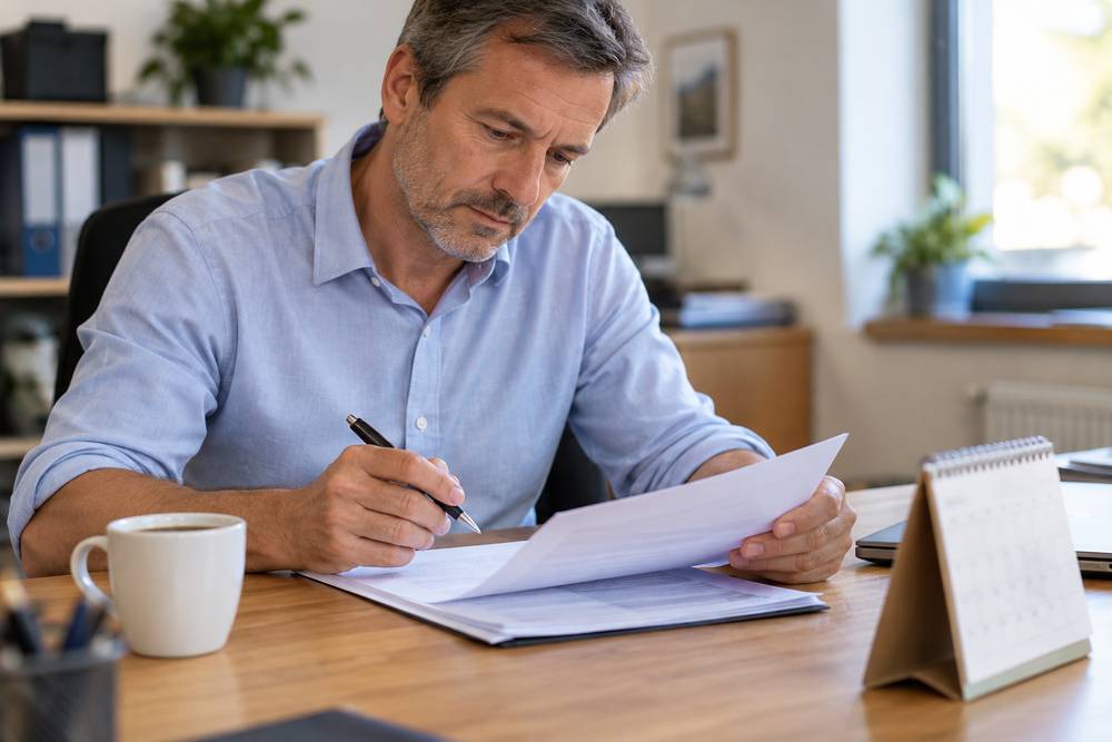 À son bureau, un dirigeant en chemise bleue relit un document stylo à la main, à côté d'une tasse de café et d'un calendrier posé sur la table