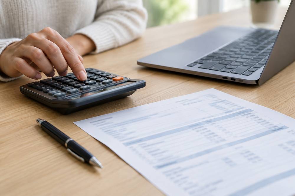 Main tapant sur une calculatrice à côté d'un bulletin de paie, d'un stylo et d'un ordinateur portable posés sur un bureau en bois