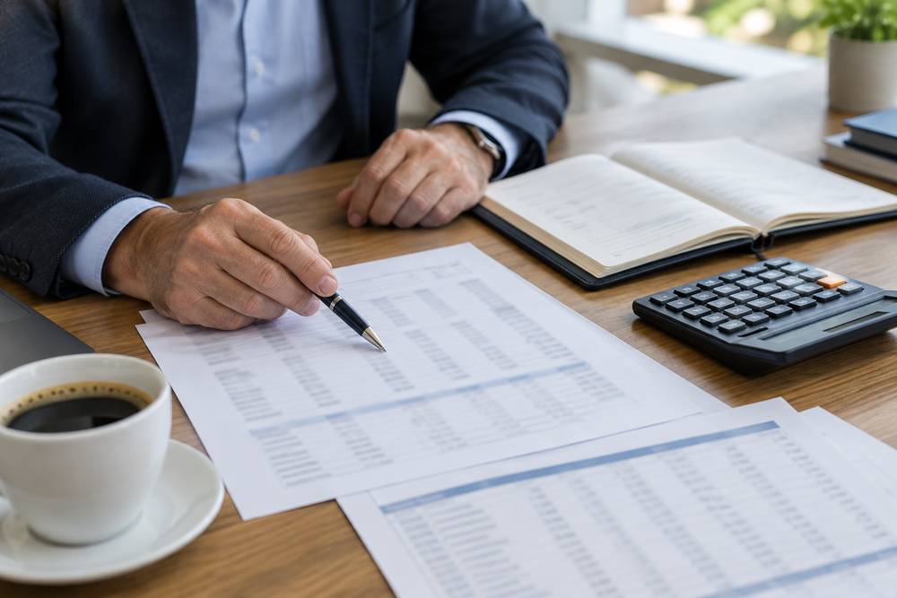 Un dirigeant pointe du stylo des tableaux de chiffres imprimés, à côté d'une calculatrice, d'un agenda ouvert et d'une tasse de café