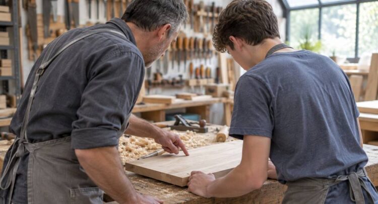 Un artisan en tablier montre du doigt un détail sur une planche qu'un jeune apprenti maintient sur un établi, dans un atelier de menuiserie