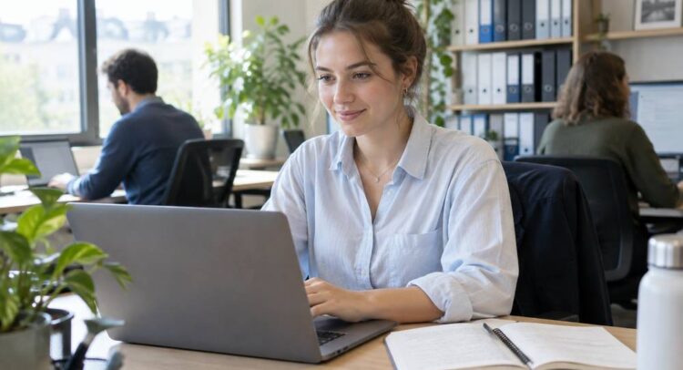 Dans les bureaux d'une petite entreprise, une jeune stagiaire en chemise claire sourit devant son ordinateur portable, un carnet ouvert à côté d'elle, deux collègues au travail derrière elle