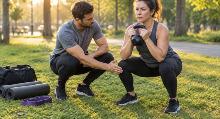 Dans un parc au soleil du matin, un coach sportif accroupi corrige de la main la position d'une cliente qui fait un squat avec un kettlebell