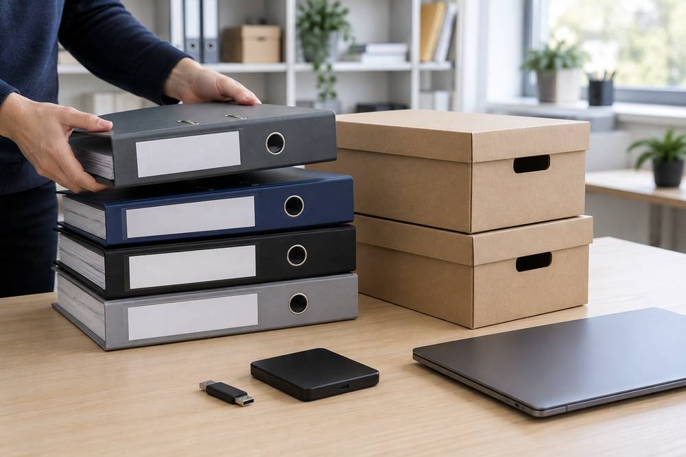 Pile de quatre classeurs et deux boîtes d'archives en carton sur un bureau, avec une clé USB, un disque dur externe et un ordinateur portable fermé