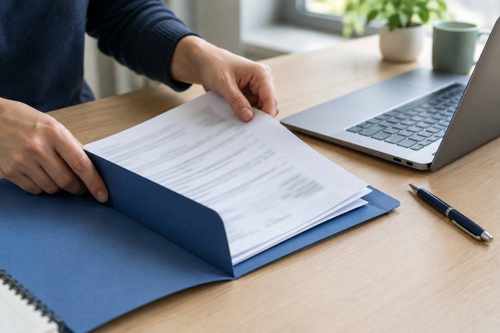 Deux mains glissent des feuilles imprimées dans une chemise cartonnée bleue, près d'un ordinateur portable et d'un stylo
