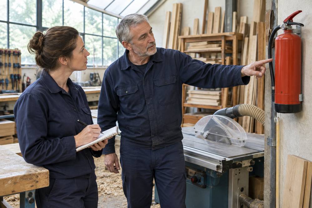 Dans un atelier de menuiserie, une salariée prend des notes pendant qu'un collègue lui montre l'extincteur fixé au mur près d'une scie à table