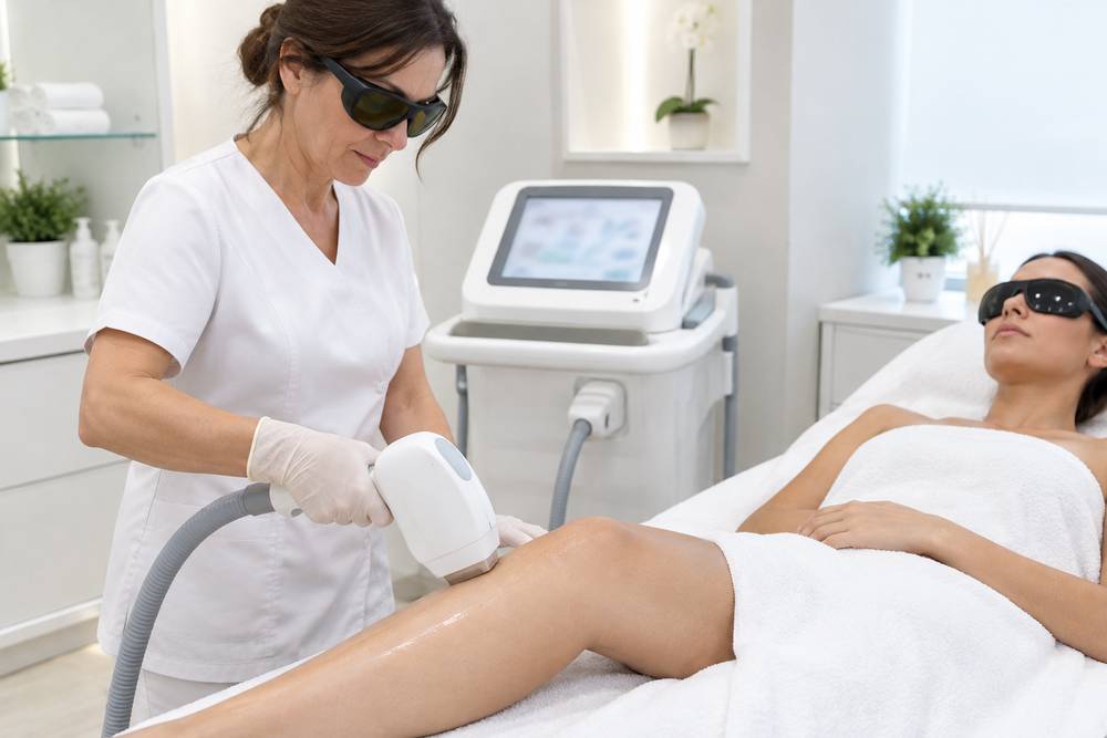 Une esthéticienne gantée, en lunettes de protection, passe la pièce à main d'un appareil de lumière pulsée sur la jambe d'une cliente qui porte elle aussi des lunettes