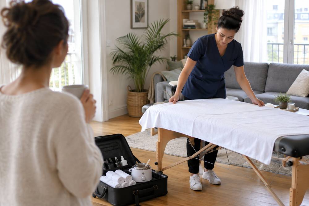 Dans le salon d'une cliente, une esthéticienne à domicile tend un drap sur sa table de soin pliante, sa mallette ouverte au sol avec serviettes et chauffe-cire