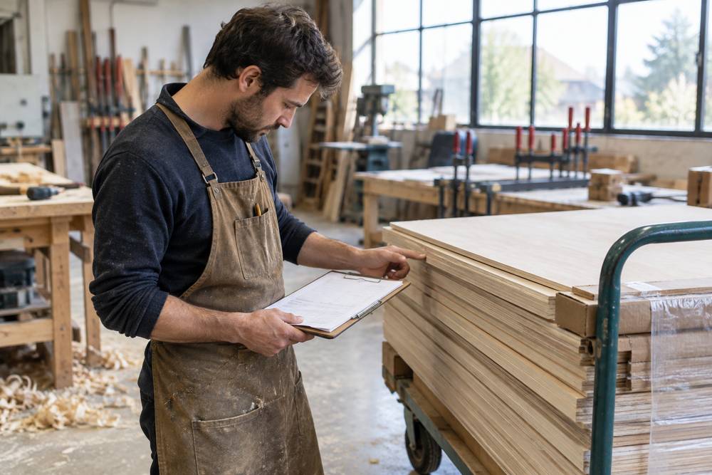 Dans un atelier de menuiserie, un artisan en tablier compare son bon de livraison sur porte-bloc avec une pile de panneaux de bois posée sur un chariot
