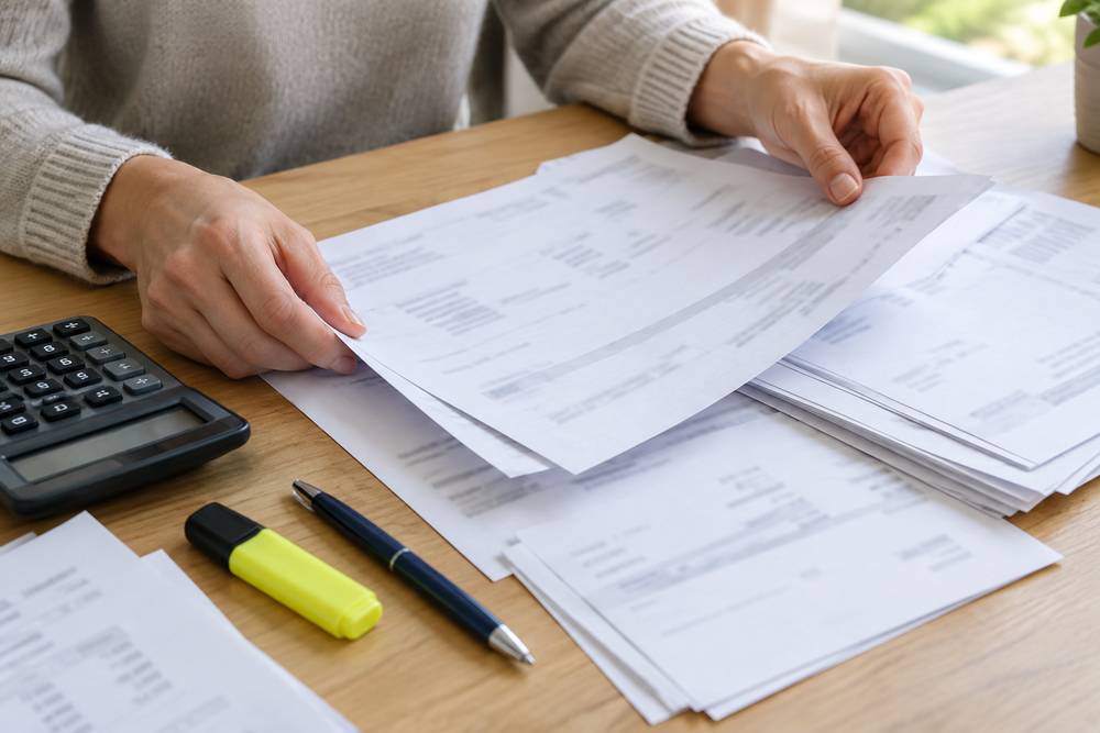 Deux mains trient une pile de factures imprimées sur un bureau, à côté d'une calculatrice, d'un surligneur et d'un stylo