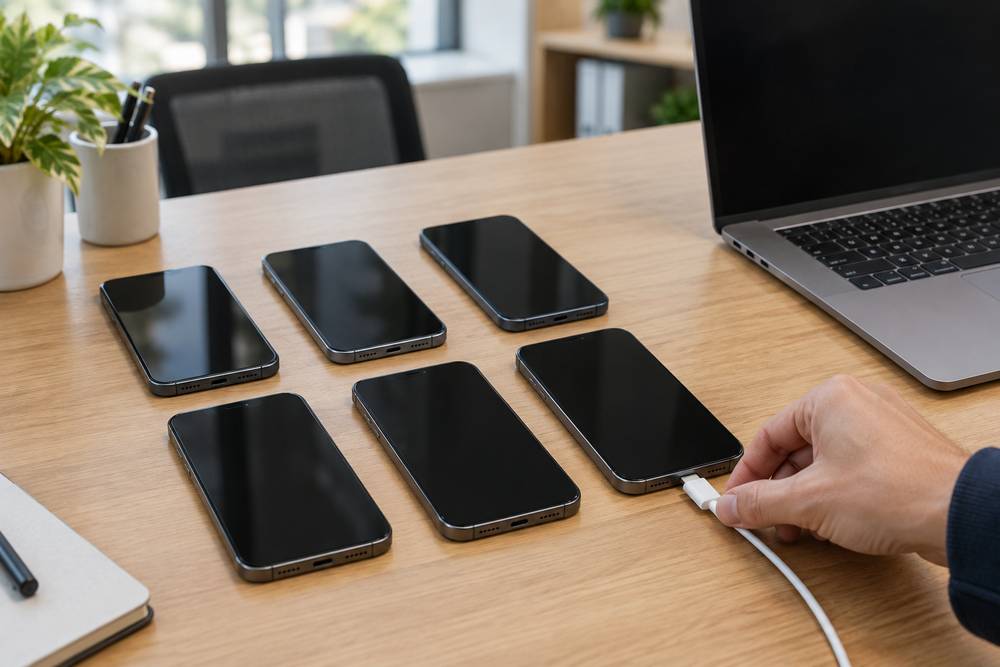 Six smartphones identiques alignés sur une table de bureau, une main branche un câble de charge sur l'un d'eux près d'un ordinateur portable