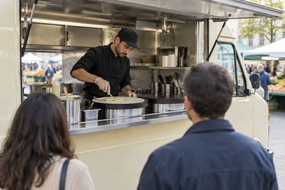 Dans un food truck installé sur un marché, un vendeur en casquette et gants jetables étale une crêpe devant deux clients