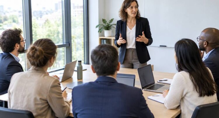 Une formatrice debout devant un tableau blanc s'adresse à cinq adultes assis autour d'une table, ordinateurs portables ouverts