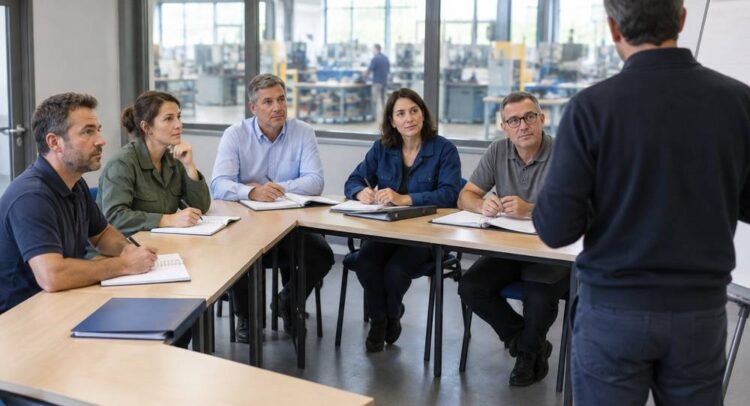 Cinq salariés assis autour de tables en U, carnets ouverts, écoutent un formateur debout près d'un paperboard, un atelier visible derrière la vitre