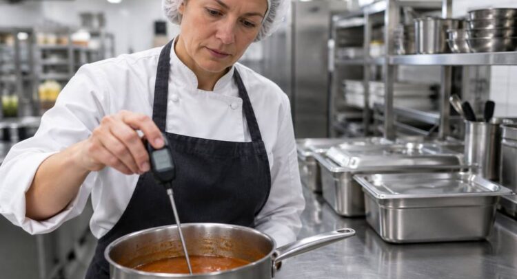 Une cheffe en charlotte et tablier noir contrôle au thermomètre sonde la température d'une sauce, sur un plan de travail en inox