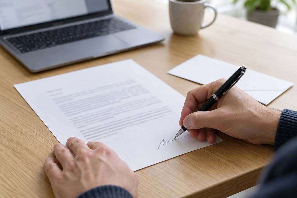 Main signant au stylo le bas d'une lettre posée sur un bureau en bois, à côté d'une enveloppe blanche, d'un ordinateur portable et d'une tasse