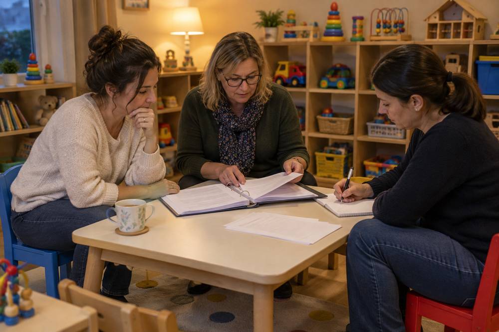 En fin de journée, trois assistantes maternelles assises autour d'une petite table de la salle de jeux consultent un classeur, l'une prend des notes