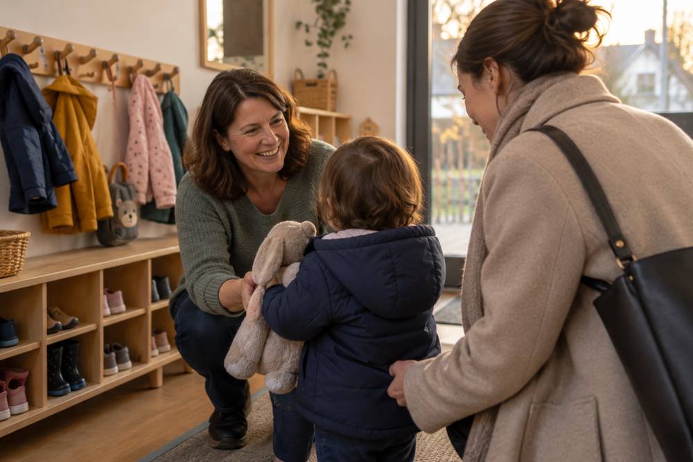 Dans l'entrée d'une MAM, près des patères et des casiers à chaussures, une assistante maternelle souriante rend à sa mère un enfant qui serre son doudou