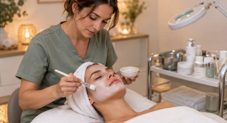 Une esthéticienne en tunique vert sauge applique au pinceau un masque crème sur le visage d'une cliente allongée, dans une cabine de soin