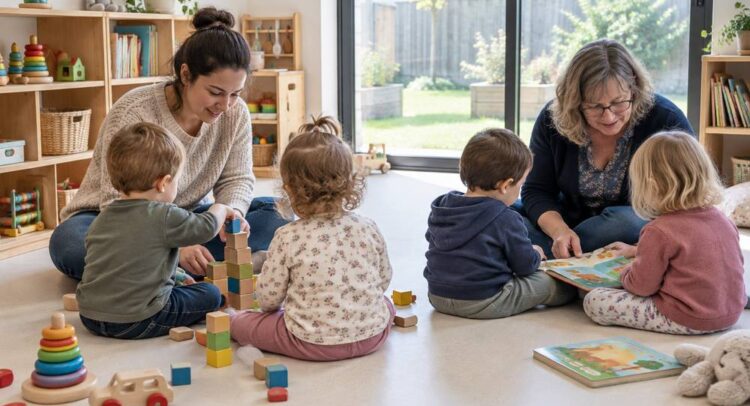 Dans la salle de jeux lumineuse d'une MAM, deux assistantes maternelles assises par terre avec quatre jeunes enfants qui empilent des cubes et regardent un livre, devant une baie vitrée ouverte sur un jardin