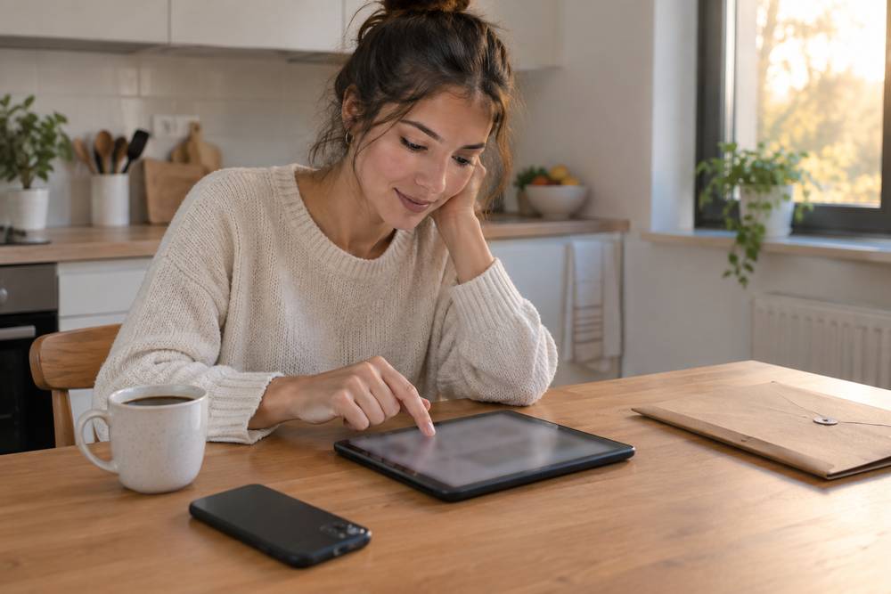 Assise à la table de sa cuisine, une jeune femme en pull crème touche l'écran d'une tablette, une tasse de café et une enveloppe kraft posées à côté