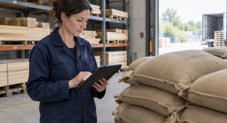 Dans un entrepôt, une responsable des achats en veste bleu marine consulte une tablette à côté de sacs en toile de jute empilés sur une palette, devant des rayonnages de bois