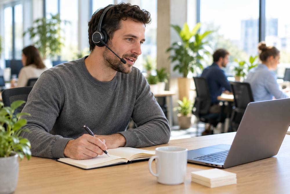 Dans un open space, un commercial en pull gris, casque micro sur la tête, prend des notes dans un carnet pendant un appel, devant son ordinateur portable