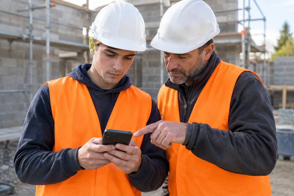 Sur un chantier de parpaings, un chef d'équipe en casque blanc et gilet orange montre du doigt le smartphone que consulte un jeune ouvrier