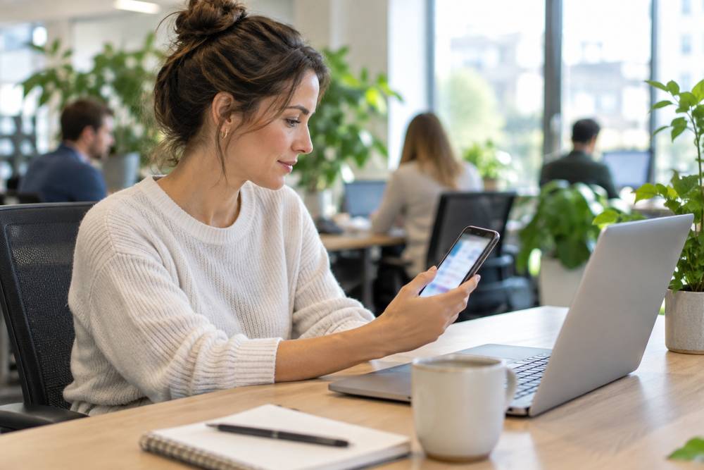 Une salariée en pull blanc consulte une application sur son smartphone à son bureau, devant un ordinateur portable et une tasse, dans un open space aux plantes vertes