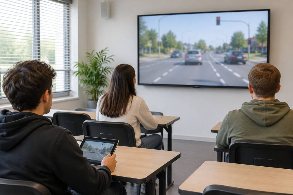 Dans la salle de code d'une auto-école, trois élèves vus de dos regardent une scène de carrefour sur un grand écran, l'un d'eux la suit sur une tablette