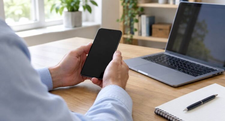 Mains tenant un smartphone à écran noir au-dessus d'un bureau en bois, à côté d'un ordinateur portable et d'un carnet