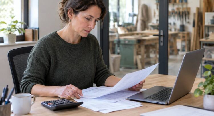 Une gérante relit des feuilles imprimées à son bureau, près d'une calculatrice et d'un ordinateur portable, devant la porte vitrée d'un atelier